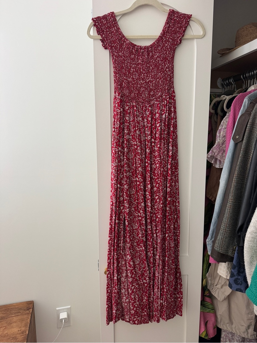 Red Floral Maxi Dress with Smocked Bodice